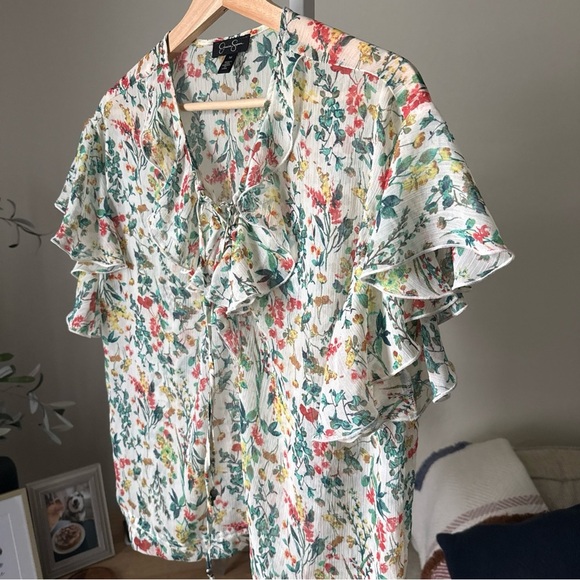 Jessica Simpson Floral Top Semi Sheer Ties at Neck and Hem Flutter Sleeve Size M - Picture 3 of 8